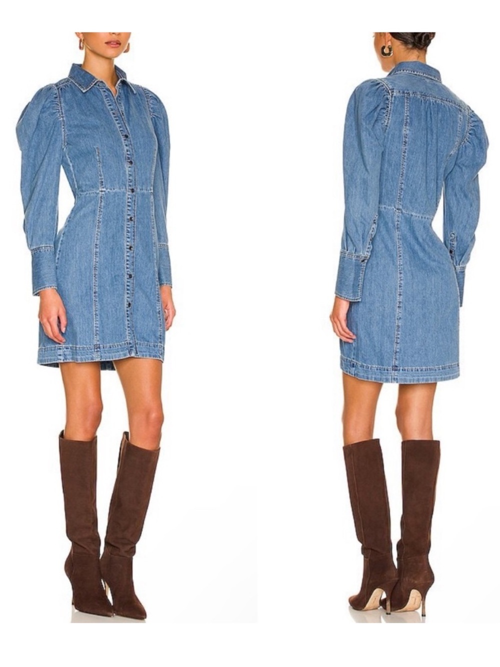 FRAME Denim Button-Front Puff Sleeve Shirt Dress - Light Blue Small